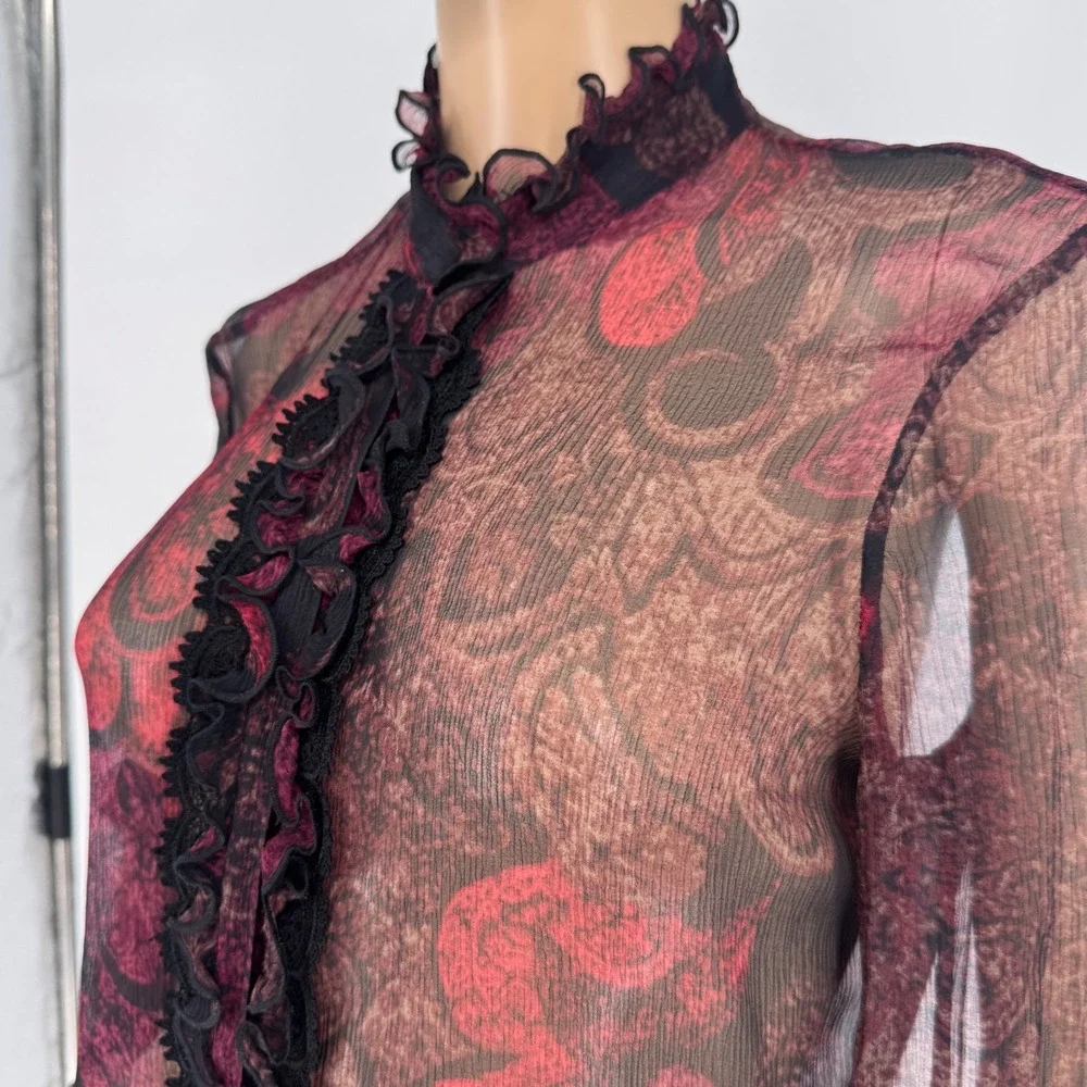 Tahari Women's Sz M Silk Sheer Ruffle Blouse Burgundy Black Victorian Gothic - Picture 3 of 16